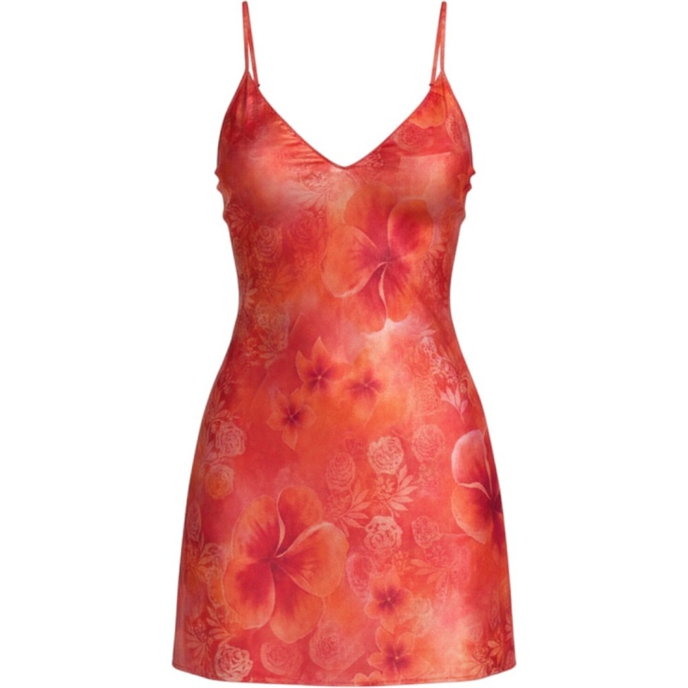Secret Treasures Orange Red Floral Satin Lace Up‎ Side Chemise Slip Dress Small